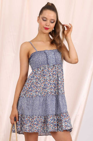 MISS PINKI Alaina tiered summer Dress beach dress in blue ditsy
