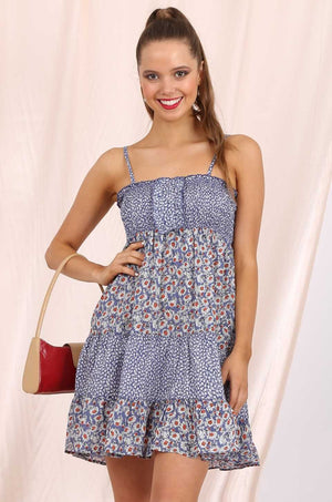 MISS PINKI Alaina tiered summer Dress beach dress in blue ditsy