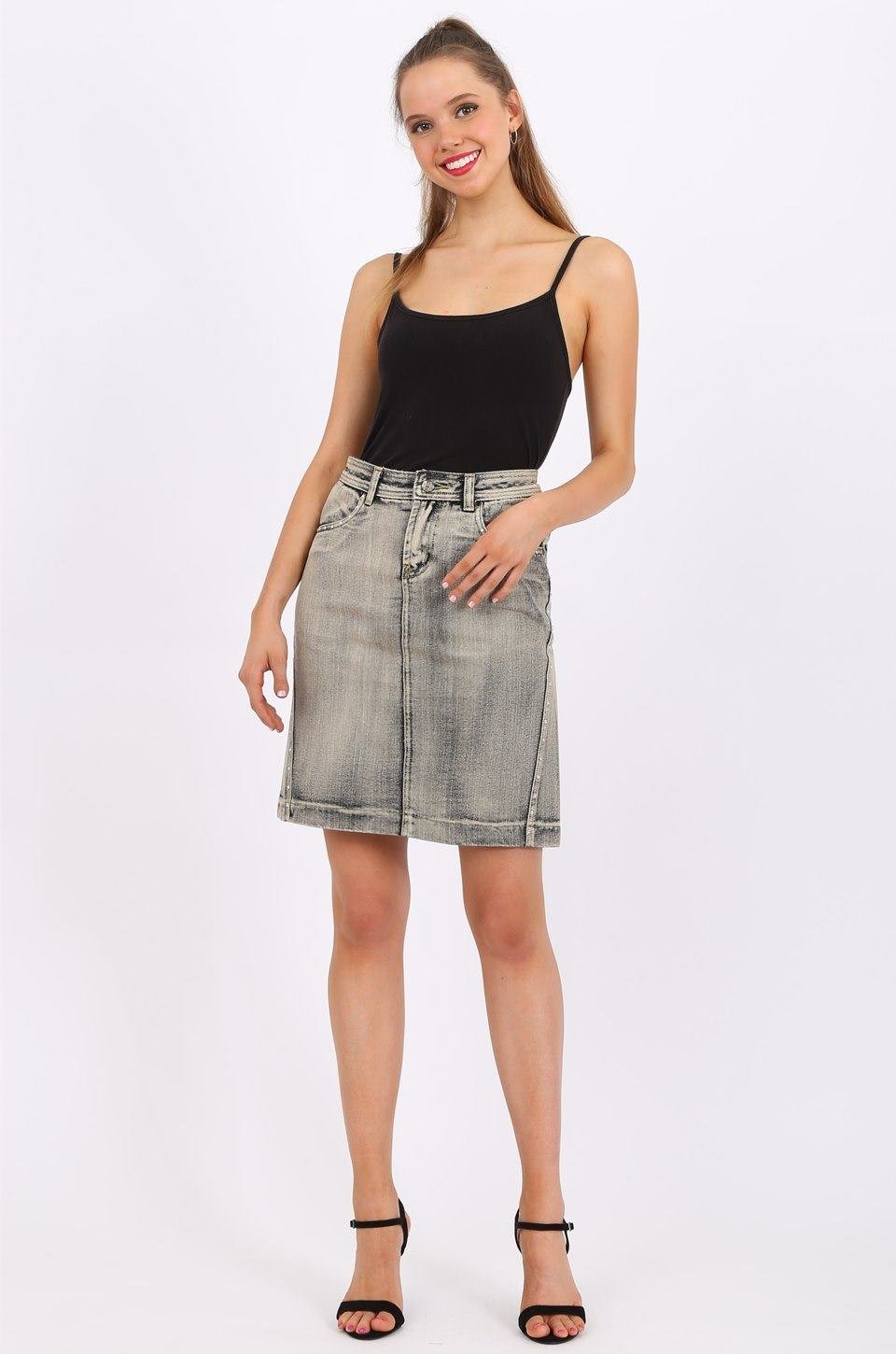 MISS PINKI Selena Knee Length Denim skirt in light grey wash