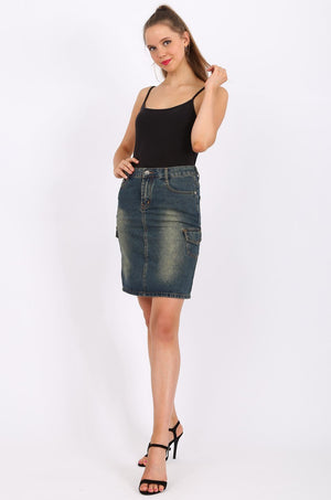 MISS PINKI Kendall Knee Length Denim skirt in Dark Blue Wash