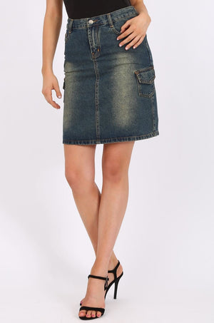 MISS PINKI Kendall Knee Length Denim skirt in Dark Blue Wash