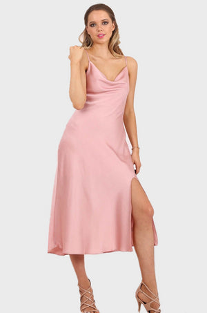 MISS PINKI Juliette satin midi cocktail party slip dress in pink