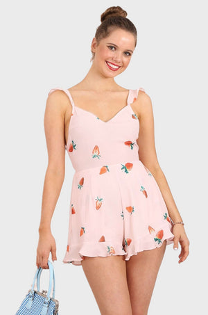 MISS PINKI Averie ruffle playsuit in stawberry print - pink