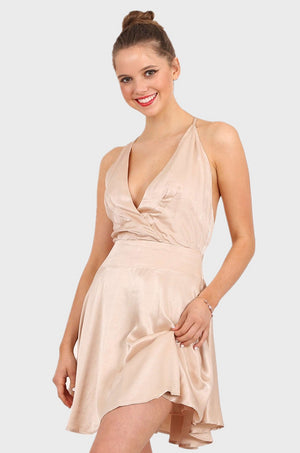 MISS PINKI Madilyn satin flare party cocktail dress in champagne