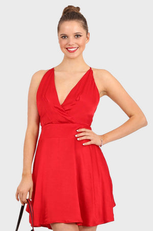 MISS PINKI Madilyn satin flare party cocktail dress in red