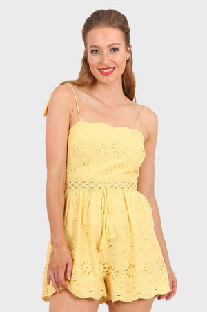 MISS PINKI Aviana lace insert broidery spaghetti Playsuit - yellow