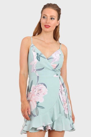 MISS PINKI Eden georgette ruffle wrap dress in mint floral