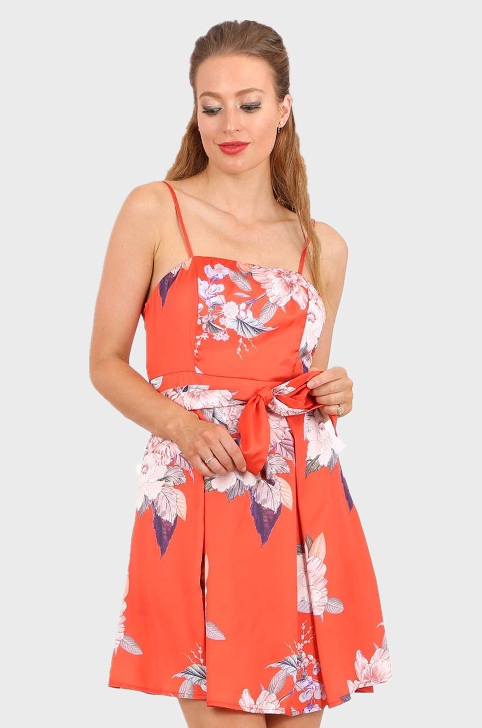 MISS PINKI Isalel cami satin party cocktail Dress in orange floral