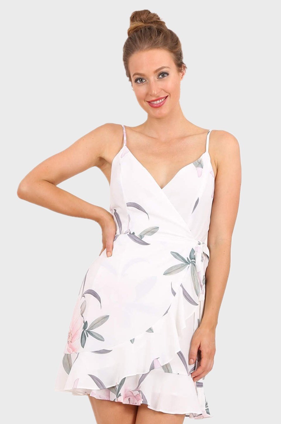 MISS PINKI Josephine georgette ruffle wrapped floral dress in white