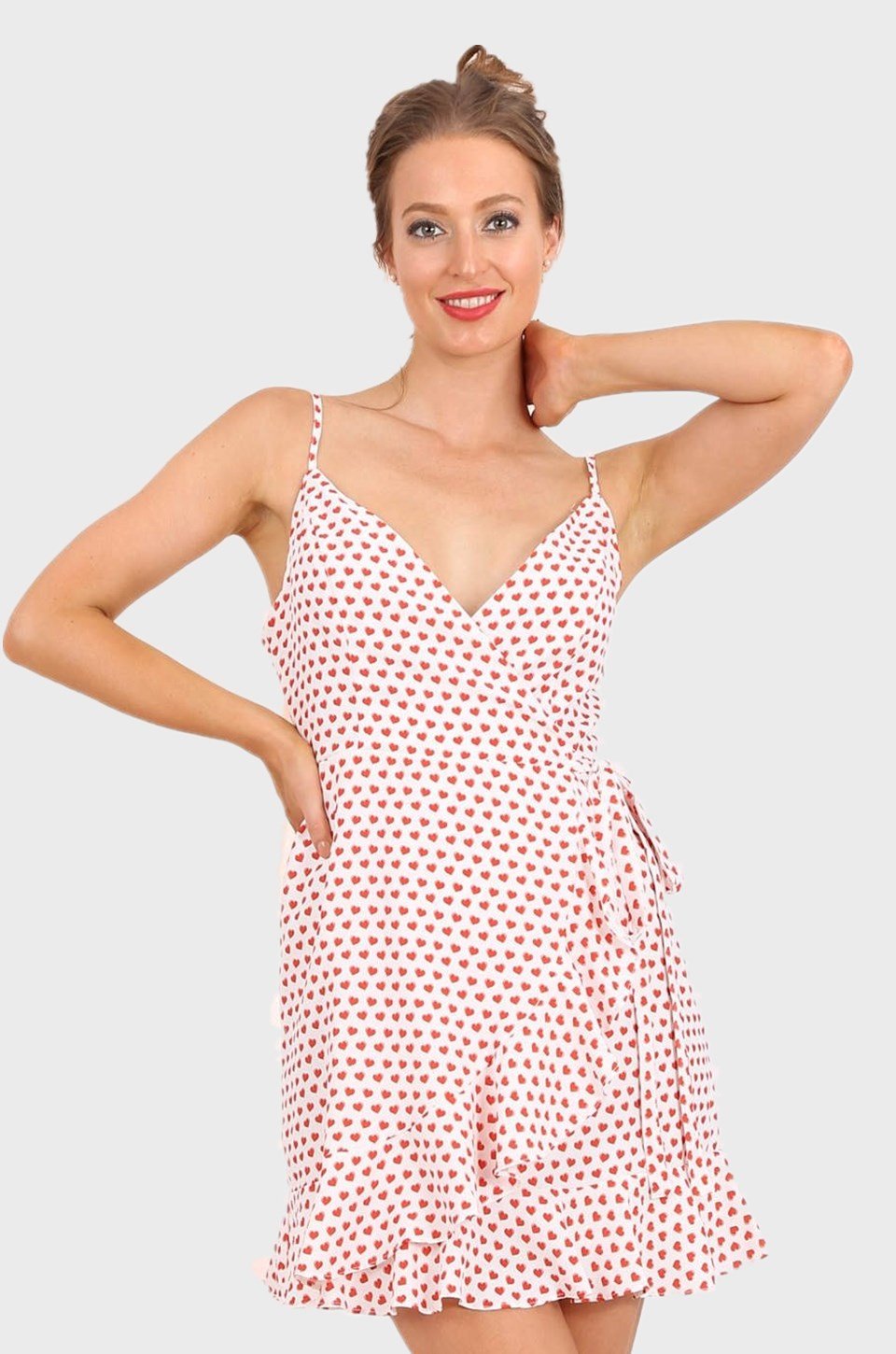 MISS PINKI Leilani ruffle red-heart print Wrap dress in white