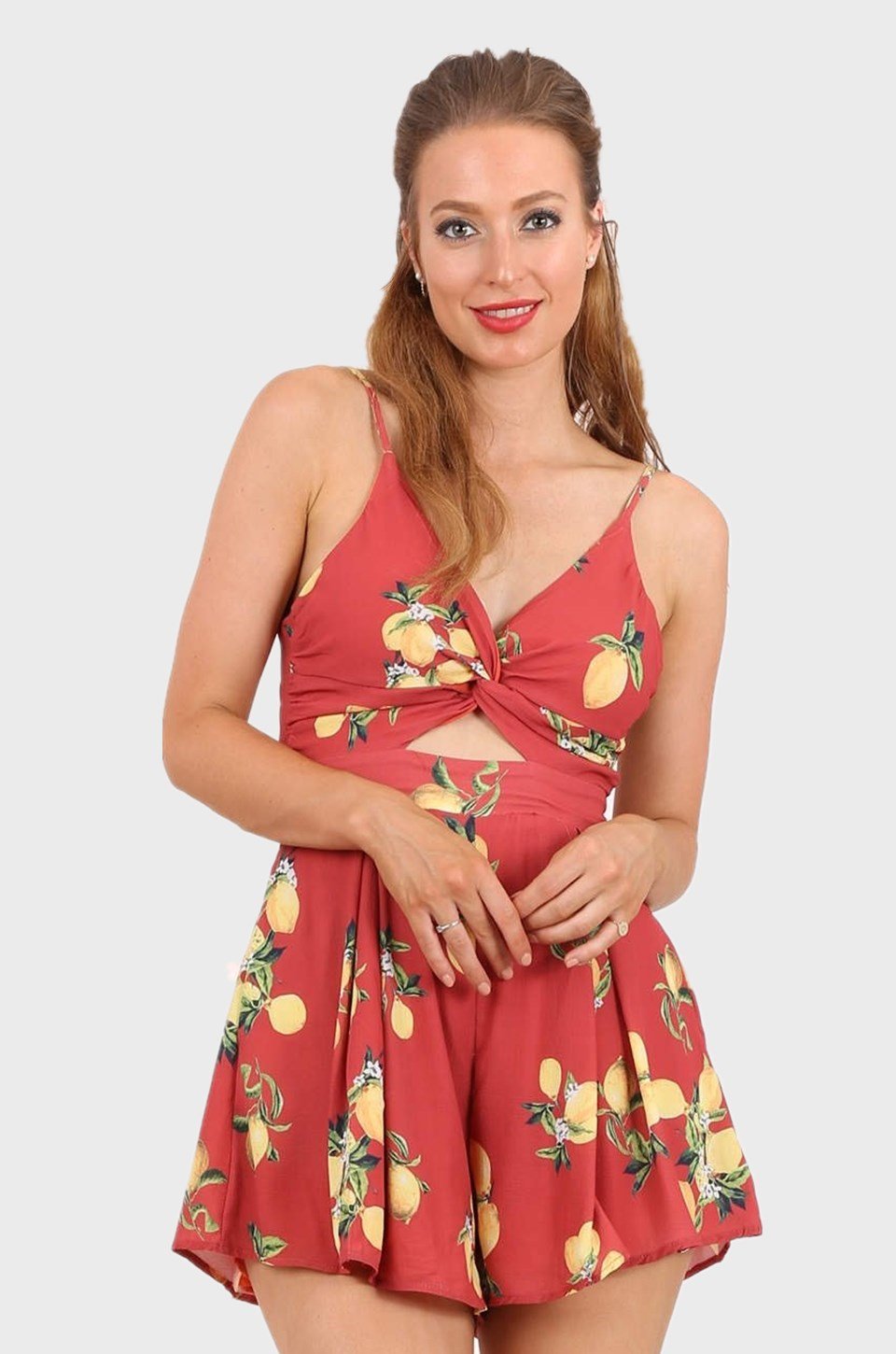 MISS PINKI Nevaeh georgette cut out twist front lemon print Playsuit in earth red