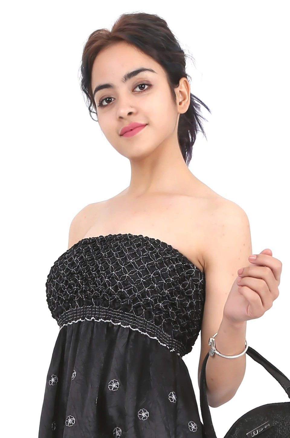 MISS PINKI Maya boobtube embroidery satin dress in black