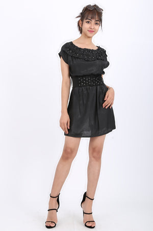 MISS PINKI Adeline embellished Satin Mini Dress with belt - black