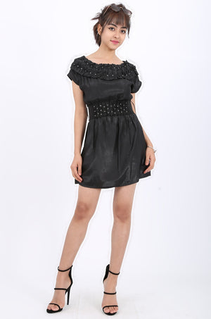 MISS PINKI Adeline embellished Satin Mini Dress with belt - black