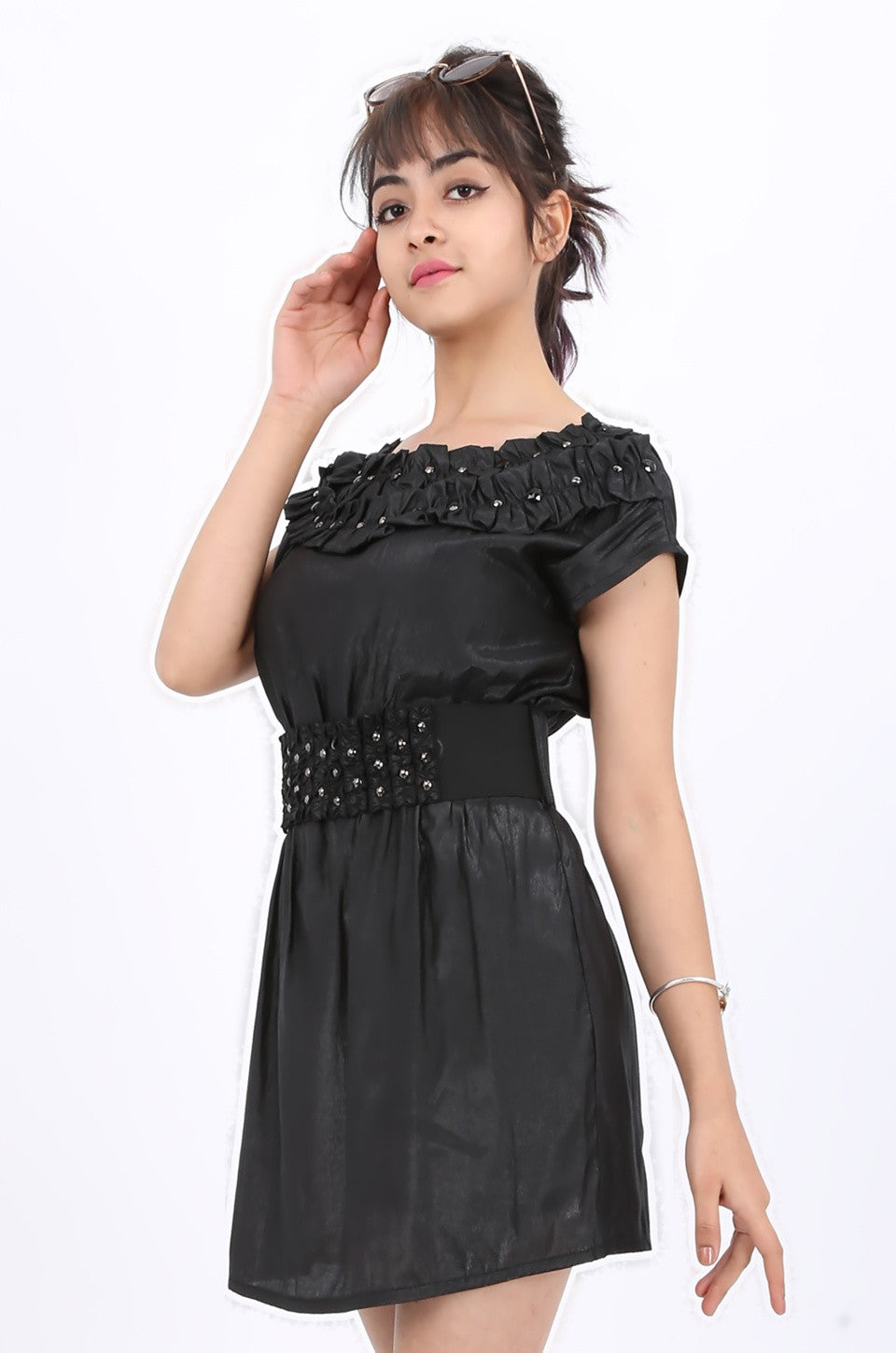 MISS PINKI Adeline embellished Satin Mini Dress with belt - black