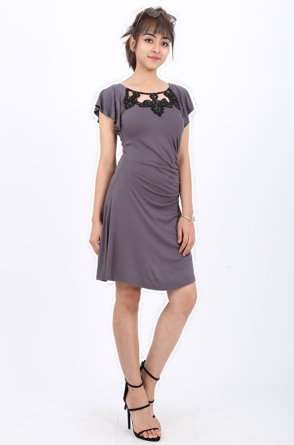 MISS PINKI Alice embroidery embellished Dress - Grey