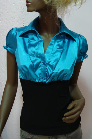 Lana Satin short sleeve shirt-top in black aqua