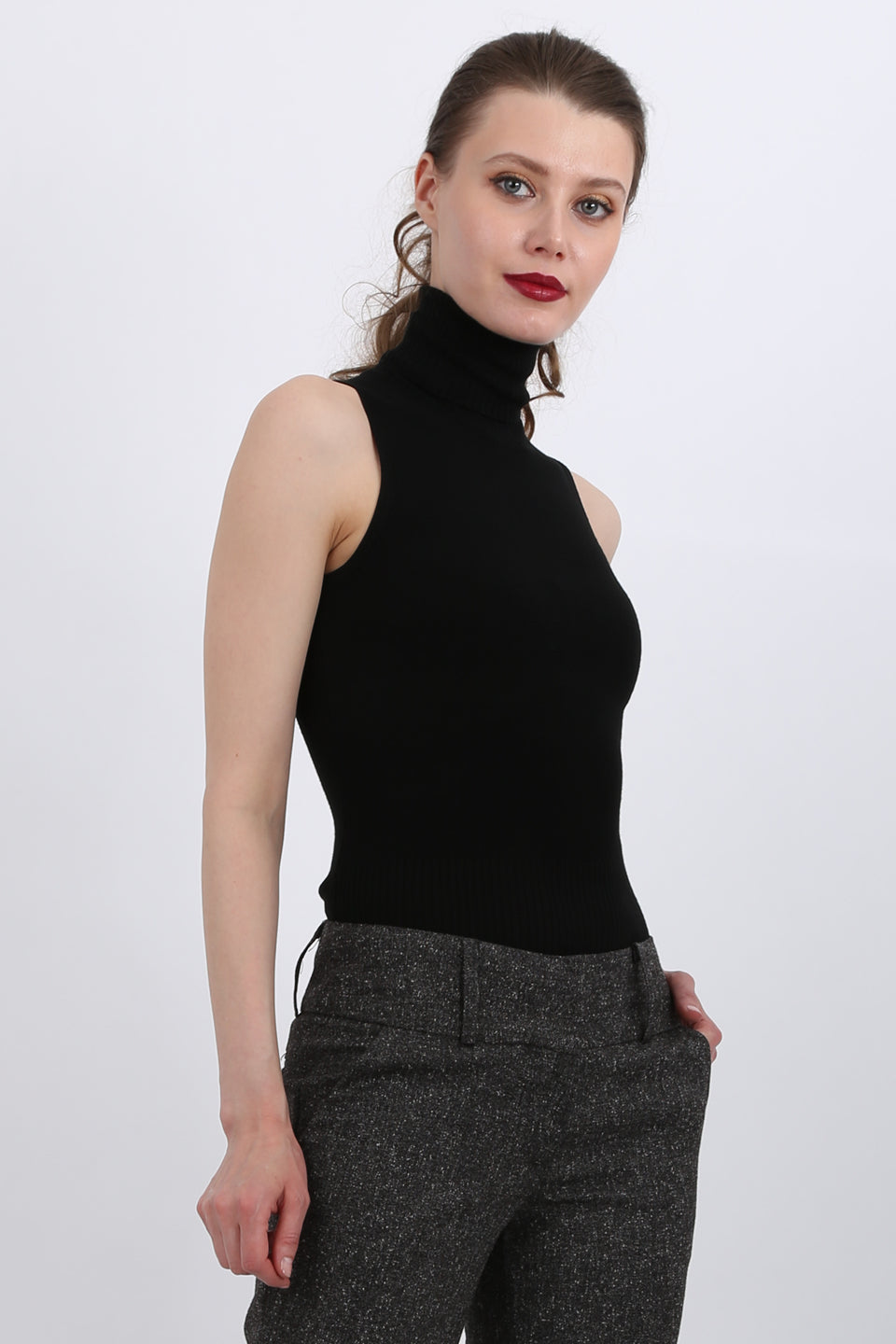 MISS PINKI Eva Turtle neck sleeveless knitwear tank top- black - Petite